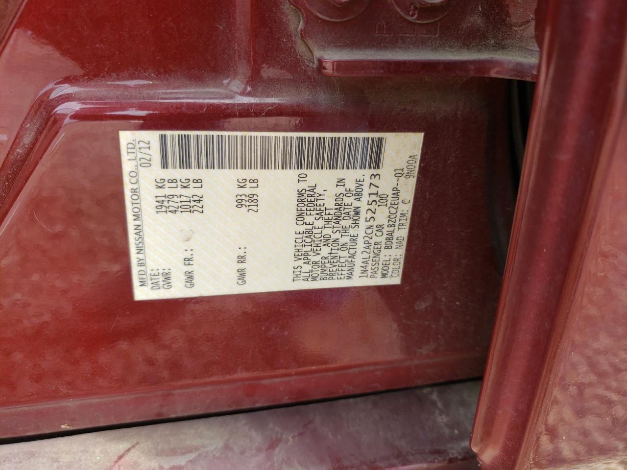 Photo 10 from auction – 2012 NISSAN ALTIMA BAS with VIN 1N4AL2AP2CN525173