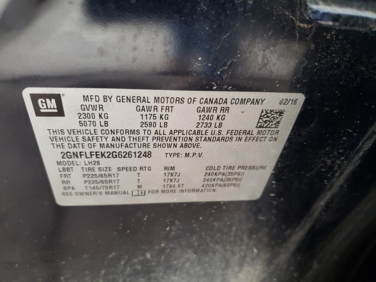 Photo 10 from auction – 2016 CHEVROLET EQUINOX LT with VIN 2GNFLFEK2G6261248