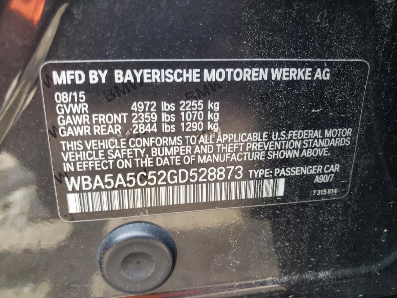 Photo 10 from auction – 2016 BMW 528I with VIN WBA5A5C52GD528873