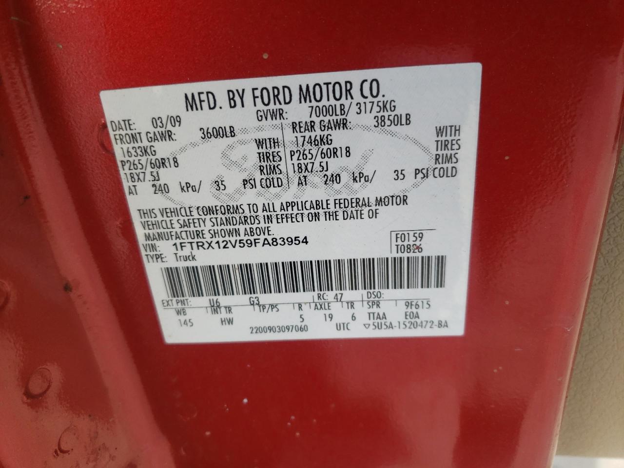 Photo 10 from auction – 2009 FORD F150 SUPER with VIN 1FTRX12V59FA83954