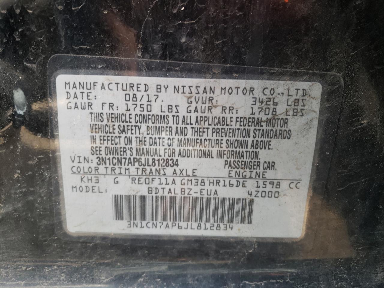 Photo 10 from auction – 2018 NISSAN VERSA S with VIN 3N1CN7AP6JL812834