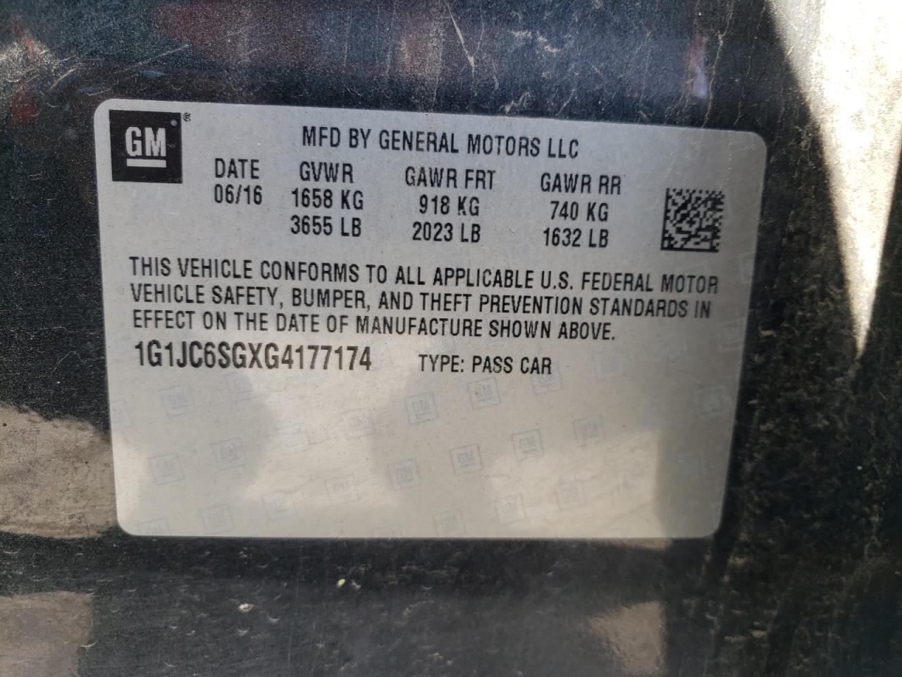 Photo 10 from auction – 2016 CHEVROLET SONIC LT with VIN 1G1JC6SGXG4177174