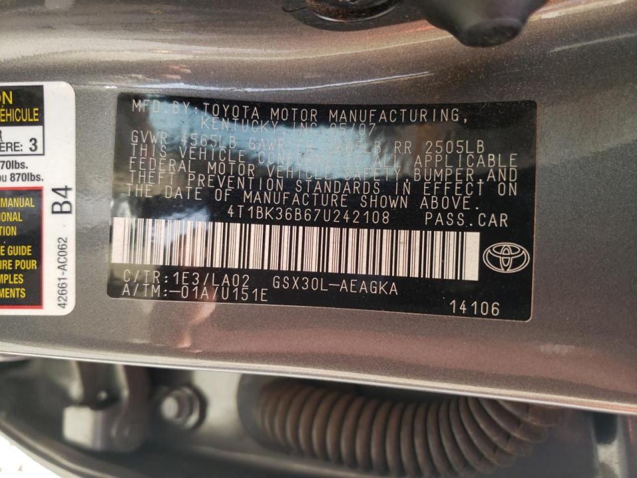 Photo 10 from auction – 2007 TOYOTA AVALON with VIN 4T1BK36B67U242108