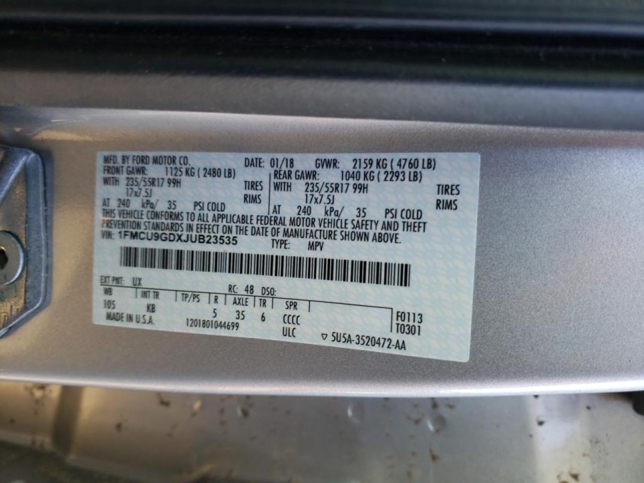 Photo 10 from auction – 2018 FORD ESCAPE SE with VIN 1FMCU9GDXJUB23535