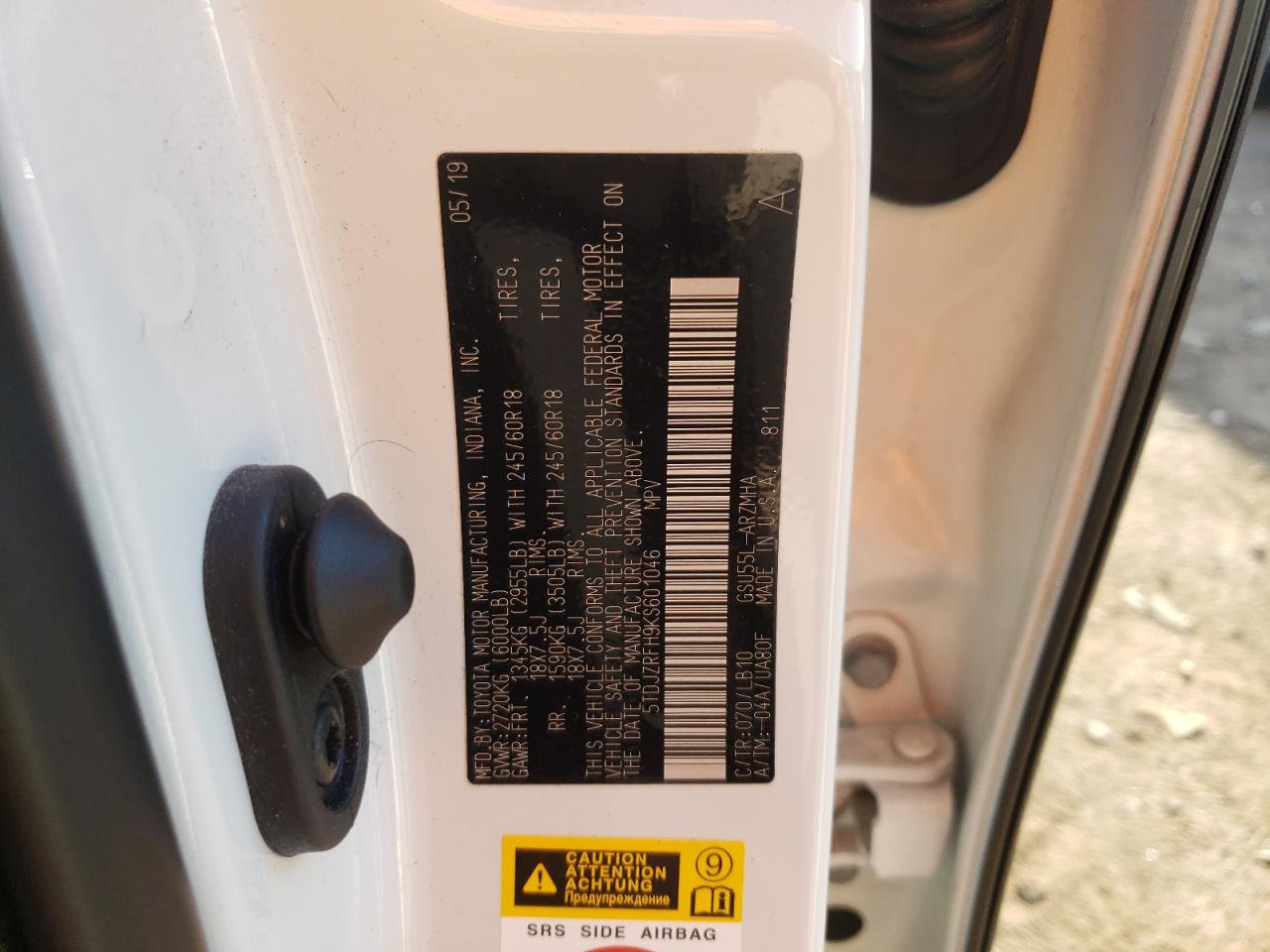 Photo 10 from auction – 2019 TOYOTA HIGHLANDER with VIN 5TDJZRFH9KS601046