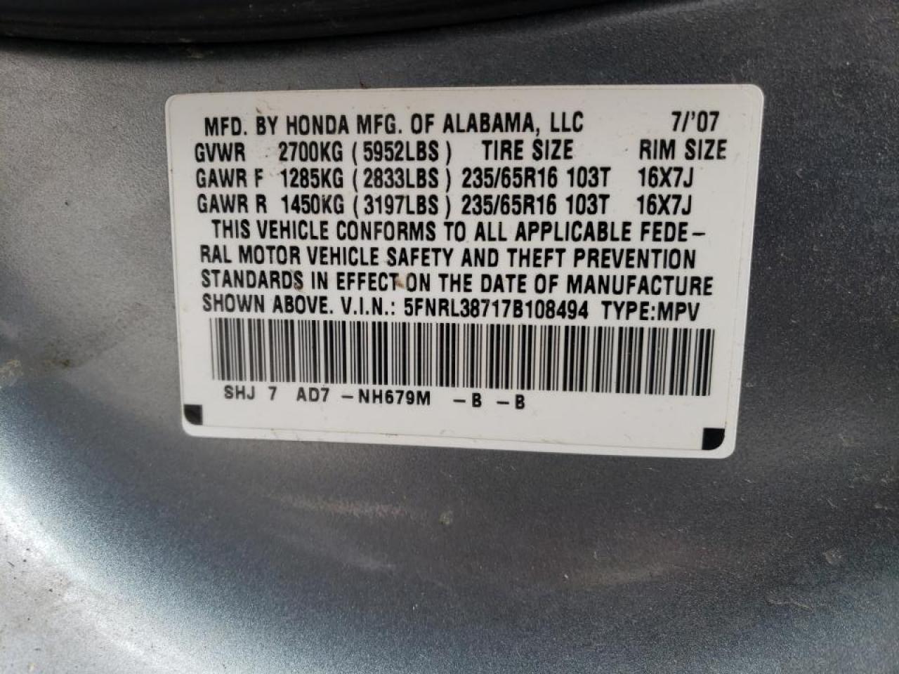 Photo 10 from auction – 2007 HONDA ODYSSEY EX with VIN 5FNRL38717B108494