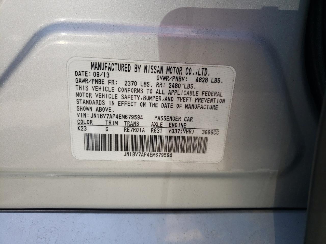 Photo 10 from auction – 2014 INFINITI Q50 BASE with VIN JN1BV7AP4EM679594