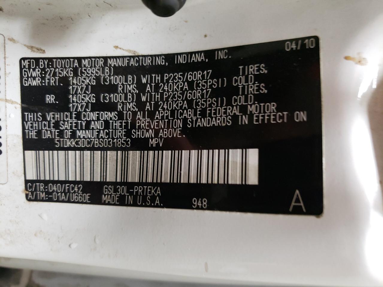 Photo 10 from auction – 2011 TOYOTA SIENNA LE with VIN 5TDKK3DC7BS031853