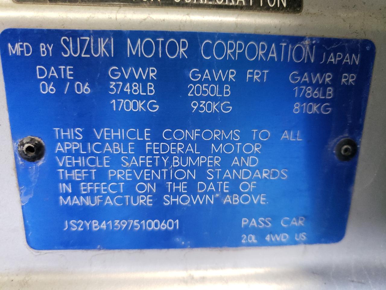 Photo 10 from auction – 2007 SUZUKI SX4 with VIN JS2YB413975100601