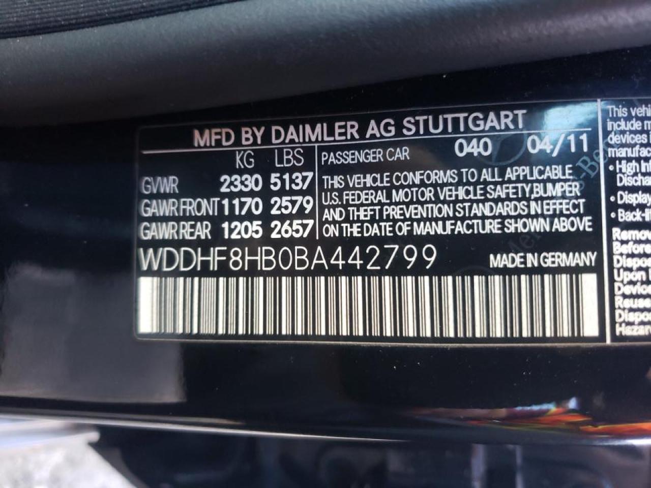 Photo 10 from auction – 2011 MERCEDES-BENZ E 350 4MAT with VIN WDDHF8HB0BA442799