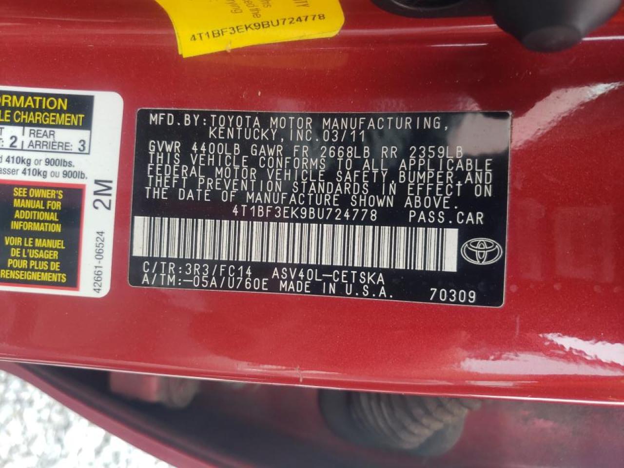Photo 10 from auction – 2011 TOYOTA CAMRY BASE with VIN 4T1BF3EK9BU724778