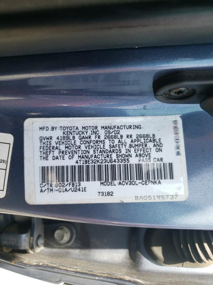 Photo 10 from auction – 2003 TOYOTA CAMRY LE with VIN 4T1BE32K23U643355