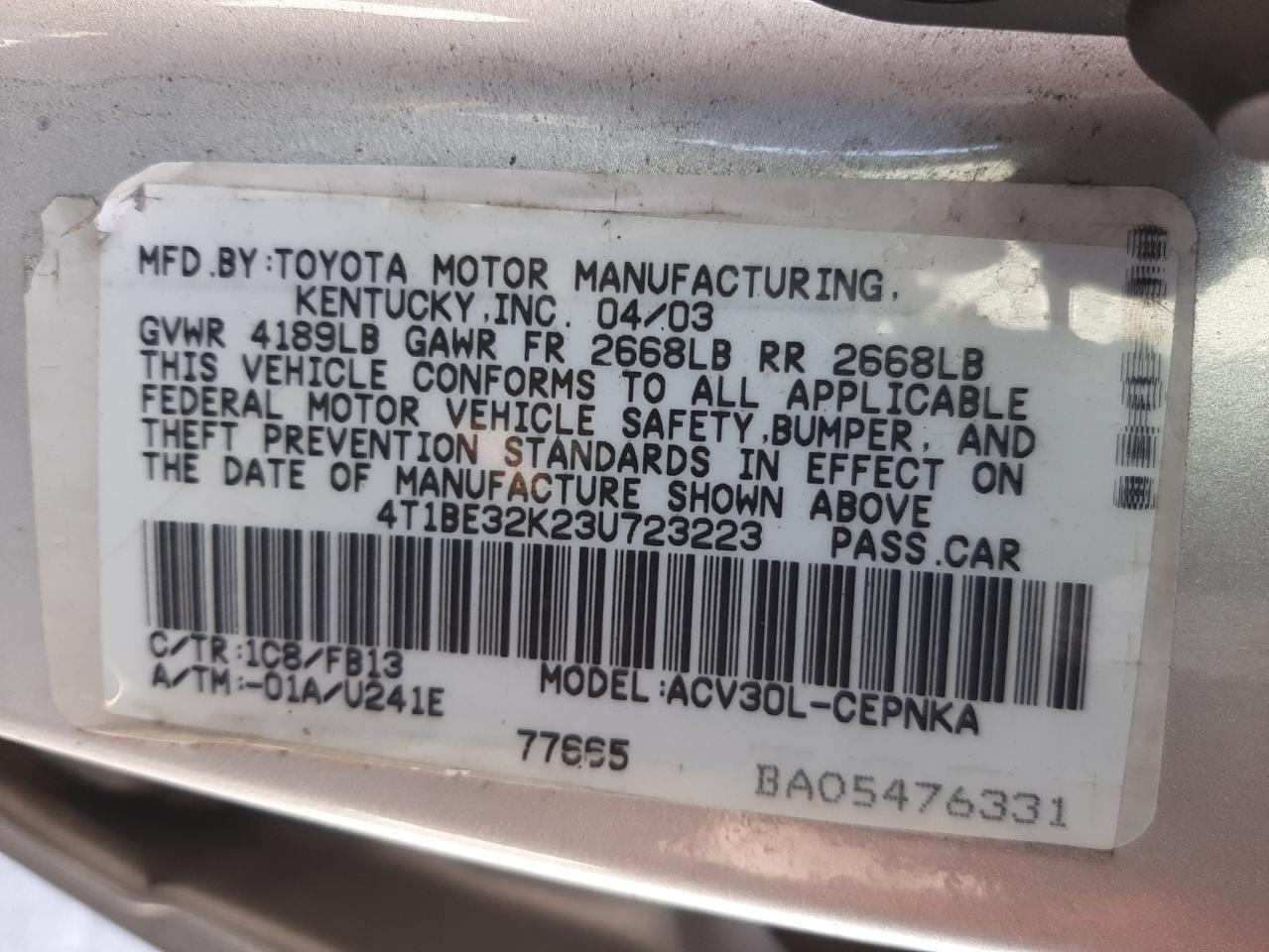 Photo 10 from auction – 2003 TOYOTA CAMRY LE with VIN 4T1BE32K23U723223