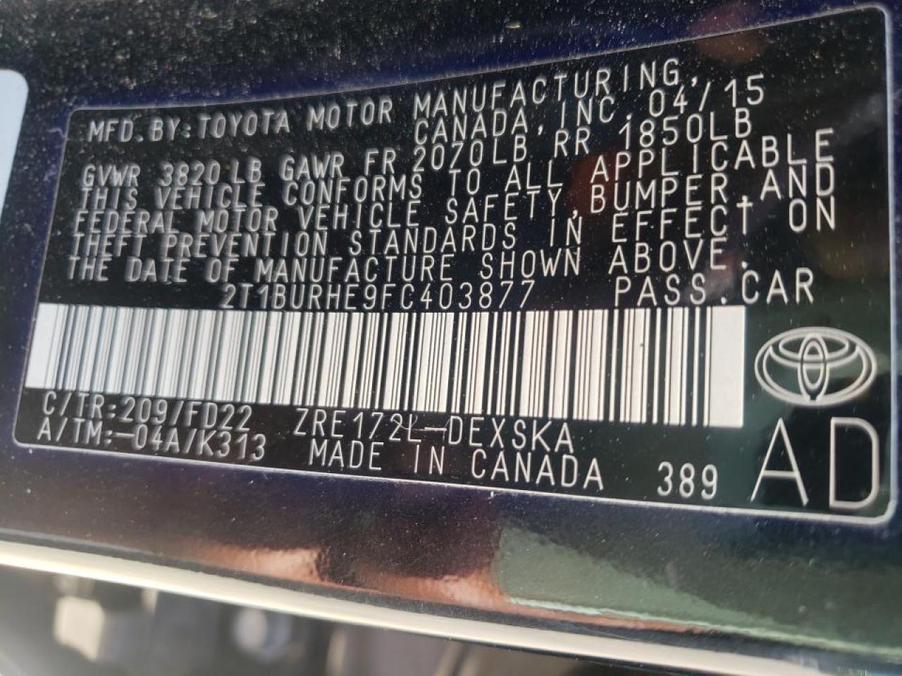 Photo 10 from auction – 2015 TOYOTA COROLLA L with VIN 2T1BURHE9FC403877