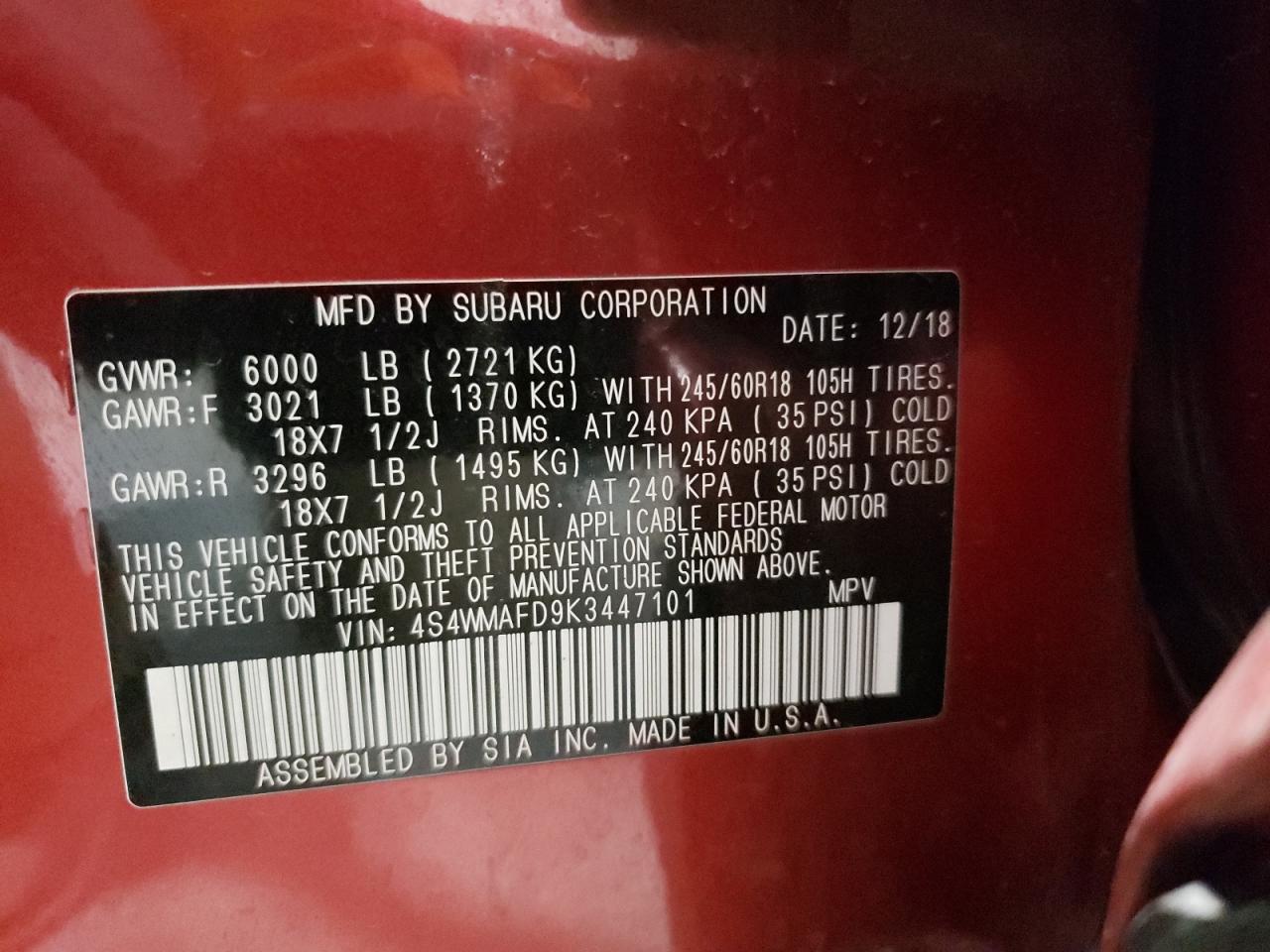 Photo 10 from auction – 2019 SUBARU ASCENT PRE with VIN 4S4WMAFD9K3447101