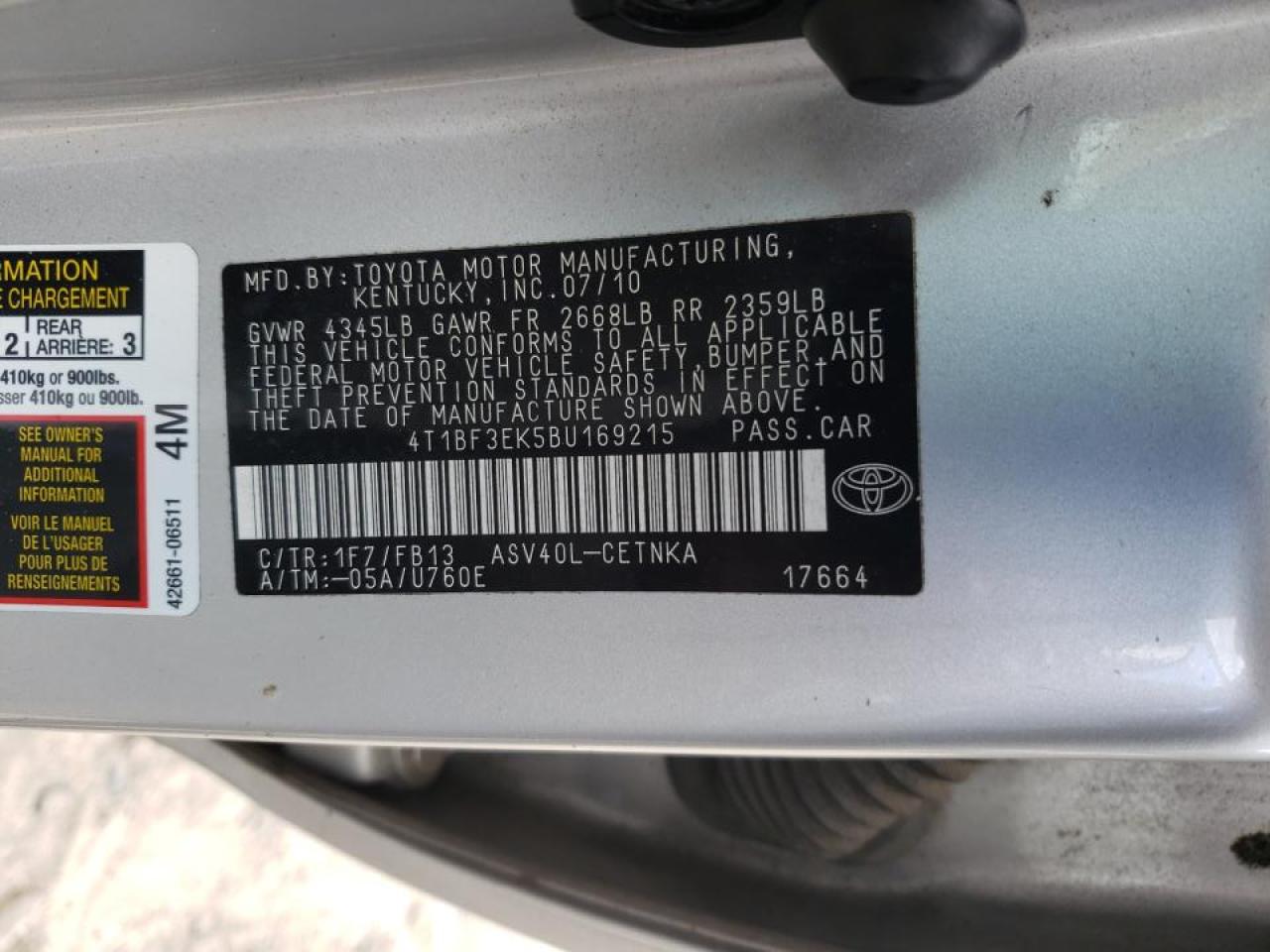 Photo 10 from auction – 2011 TOYOTA CAMRY BASE with VIN 4T1BF3EK5BU169215