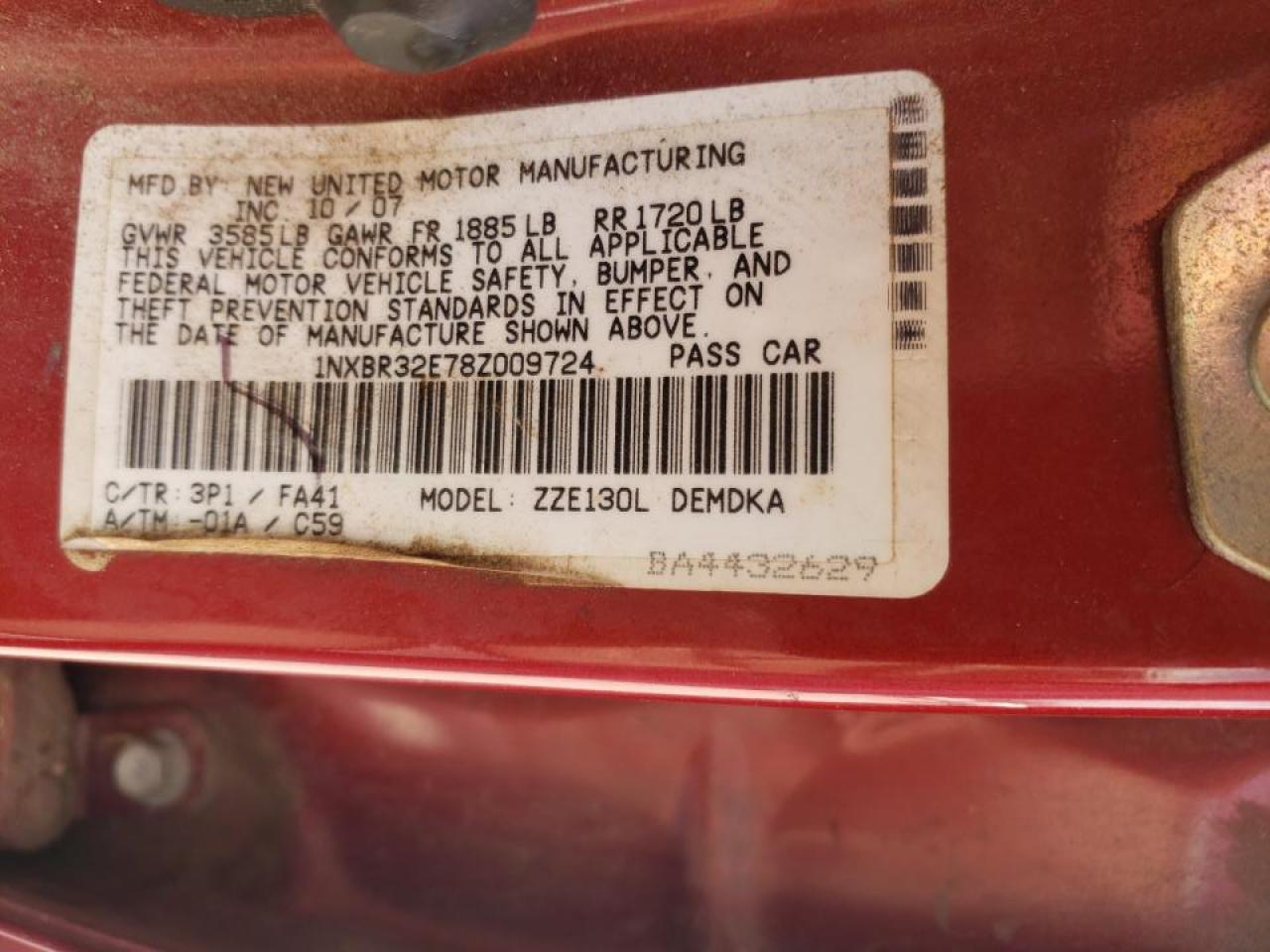 Photo 10 from auction – 2008 TOYOTA COROLLA CE with VIN 1NXBR32E78Z009724