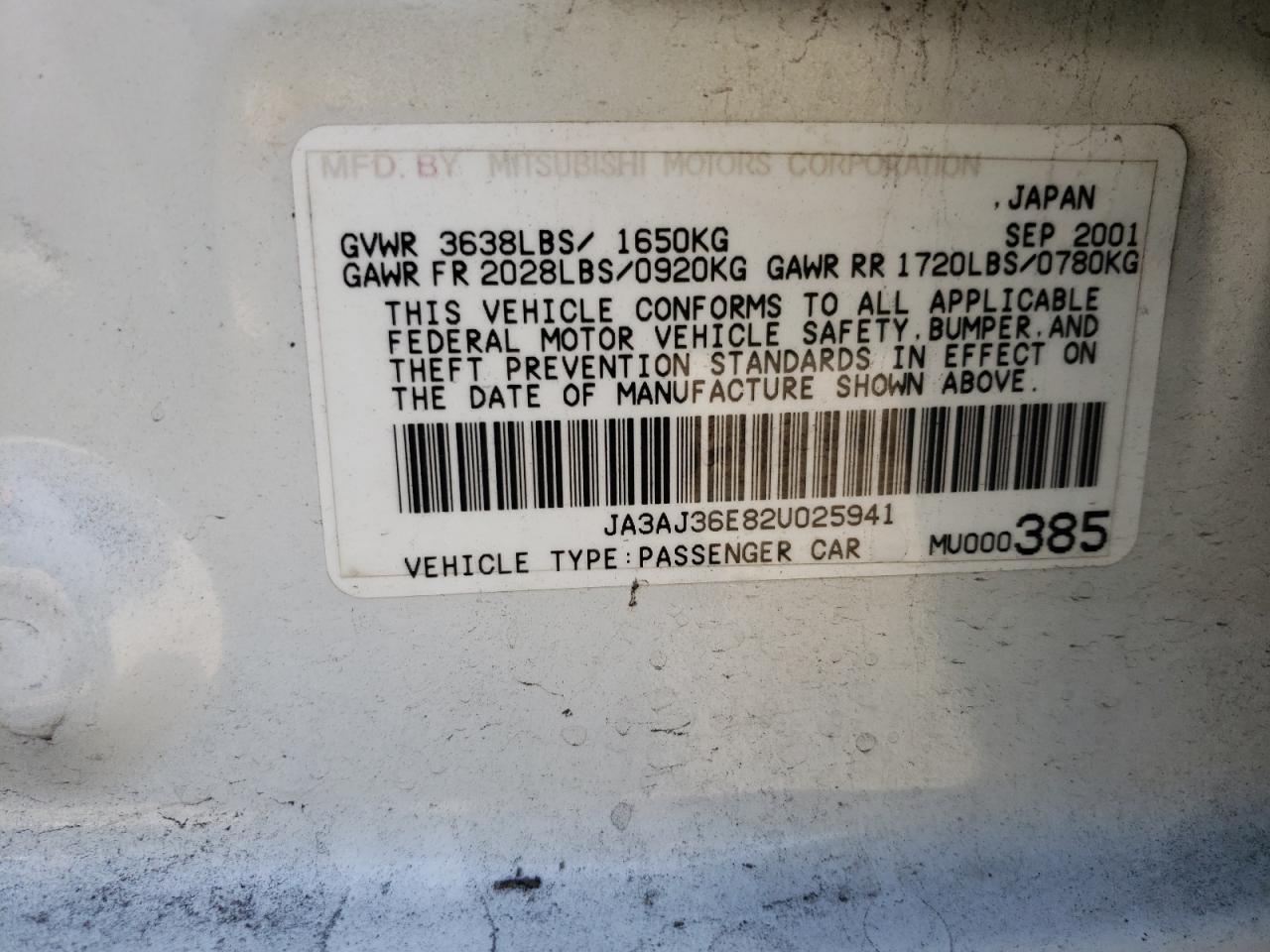 Foto 10 de la subasta – 2002 MITSUBISHI LANCER LS con VIN JA3AJ36E82U025941