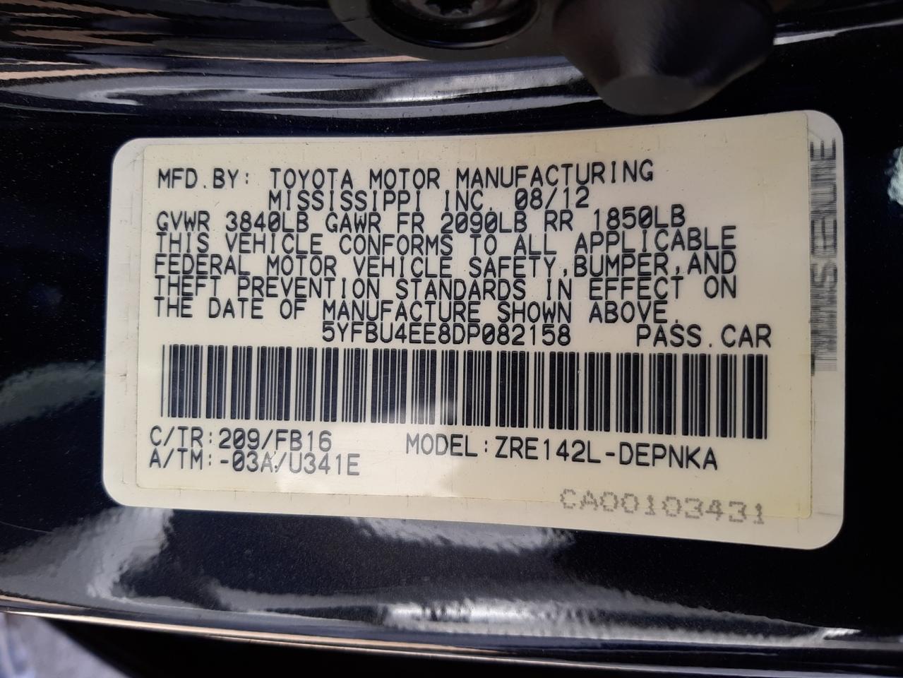 Photo 10 from auction – 2013 TOYOTA COROLLA BA with VIN 5YFBU4EE8DP082158