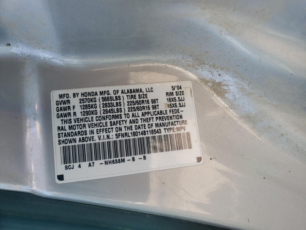 Photo 10 from auction – 2004 HONDA ODYSSEY EX with VIN 5FNRL18014B118543