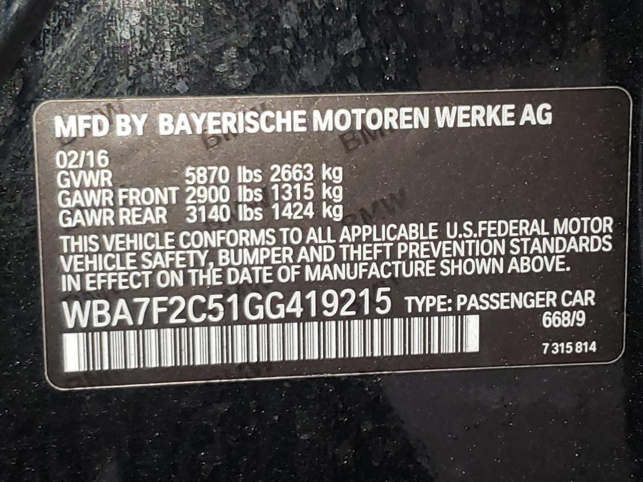 Photo 10 from auction – 2016 BMW 750 XI with VIN WBA7F2C51GG419215