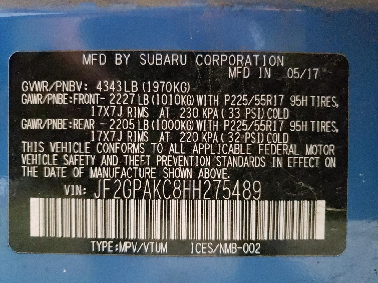 Photo 10 from auction – 2017 SUBARU CROSSTREK with VIN JF2GPAKC8HH275489