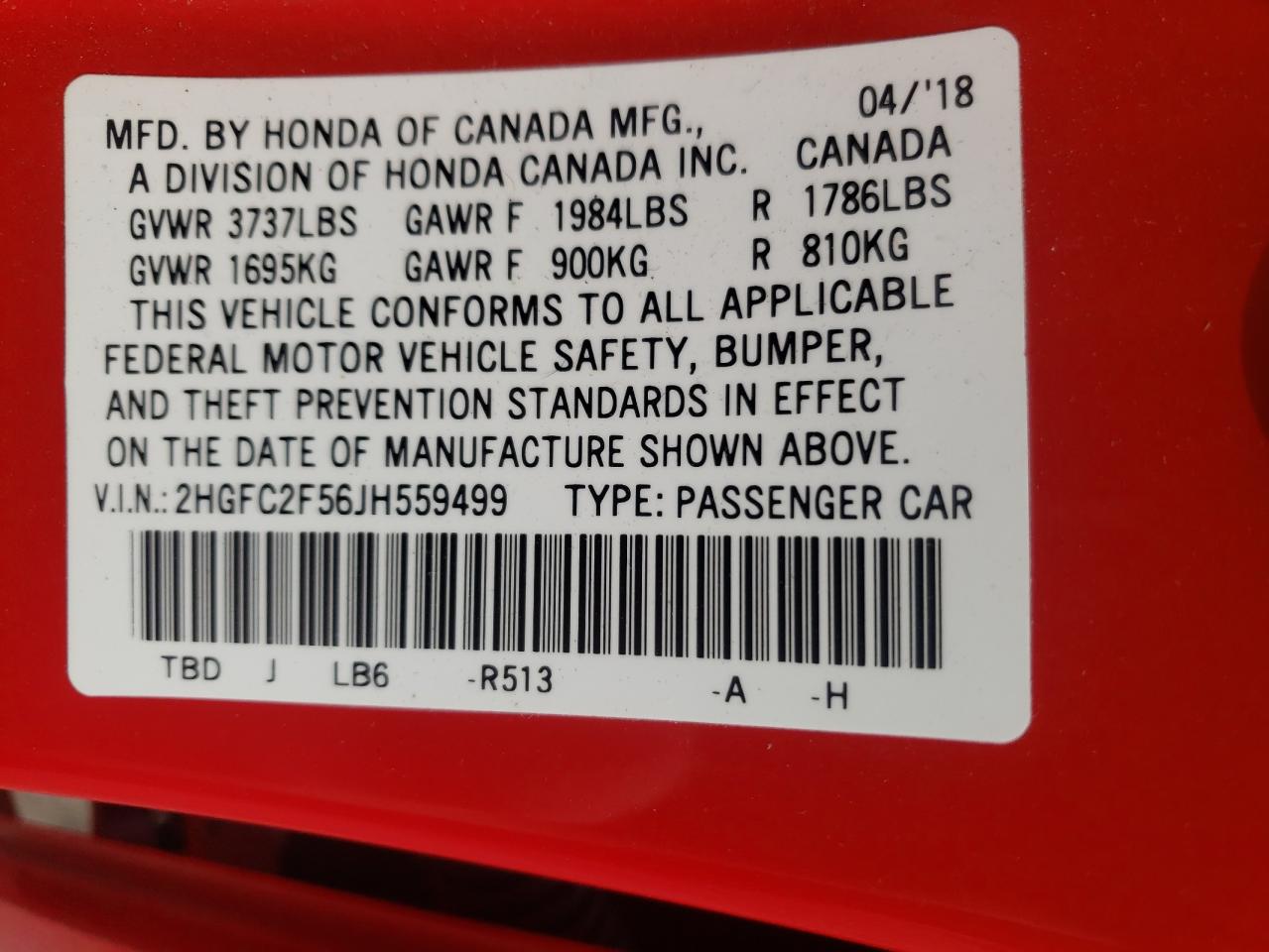 Photo 10 from auction – 2018 HONDA CIVIC LX with VIN 2HGFC2F56JH559499