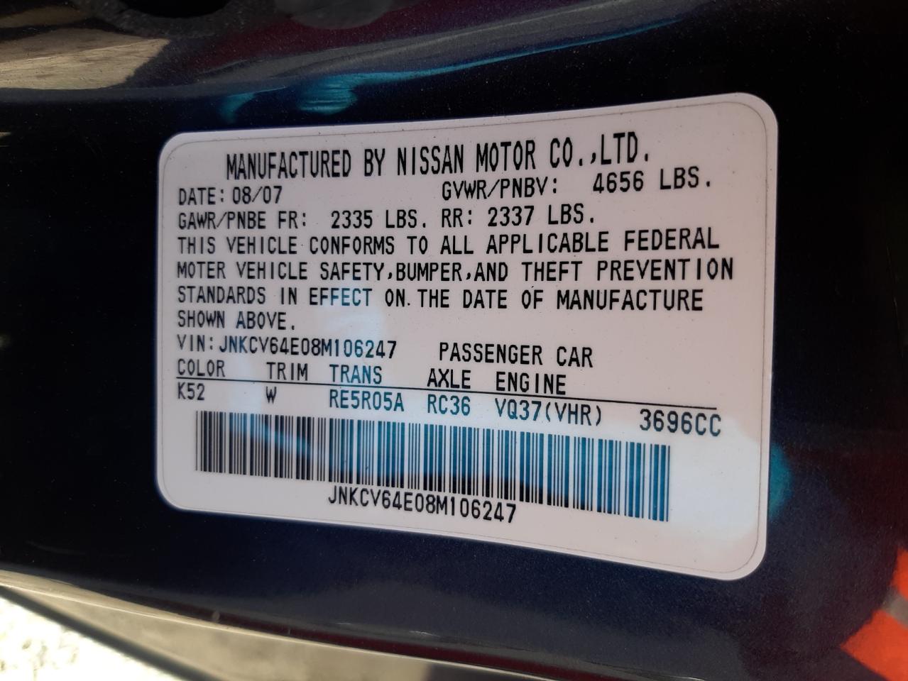 Photo 10 from auction – 2008 INFINITI G37 BASE with VIN JNKCV64E08M106247