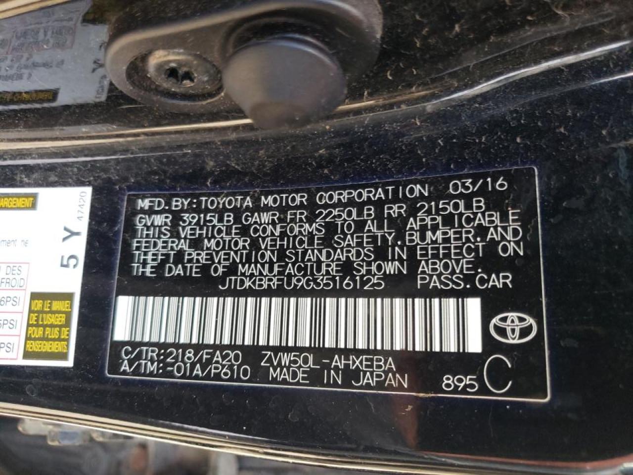 Photo 10 from auction – 2016 TOYOTA PRIUS with VIN JTDKBRFU9G3516125