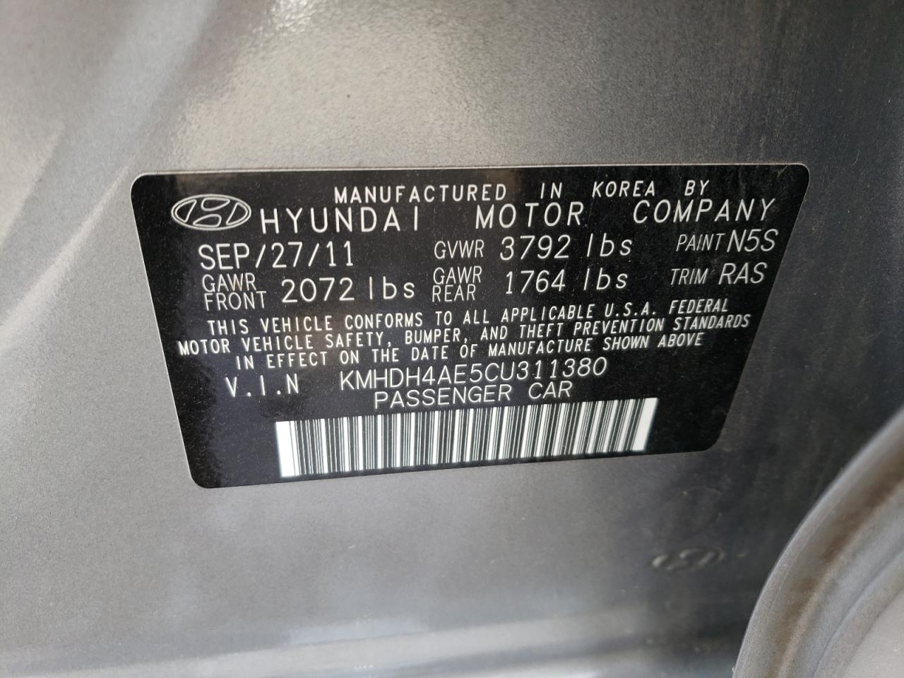 Photo 10 from auction – 2012 HYUNDAI ELANTRA GL with VIN KMHDH4AE5CU311380