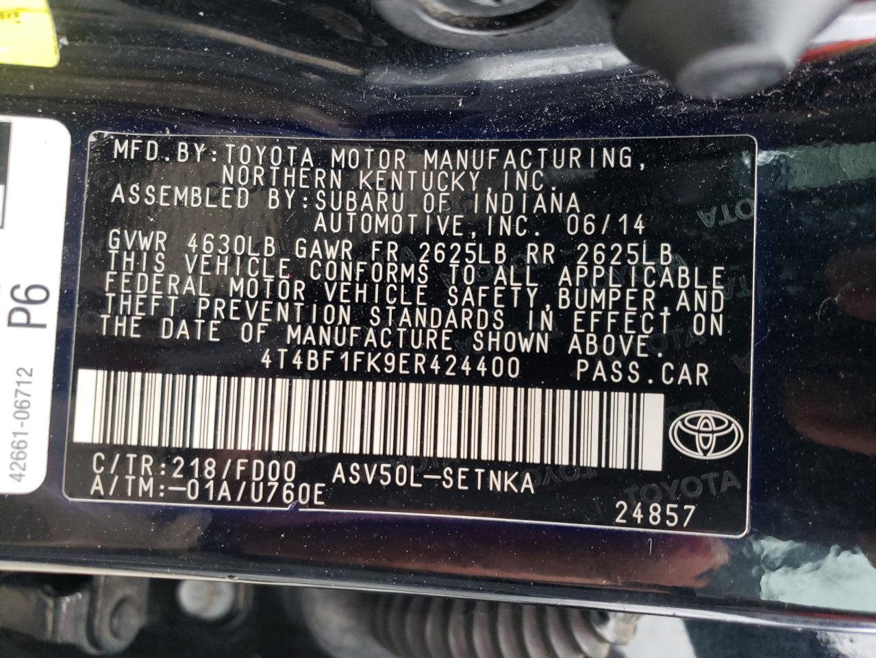 Photo 10 from auction – 2014 TOYOTA CAMRY L with VIN 4T4BF1FK9ER424400
