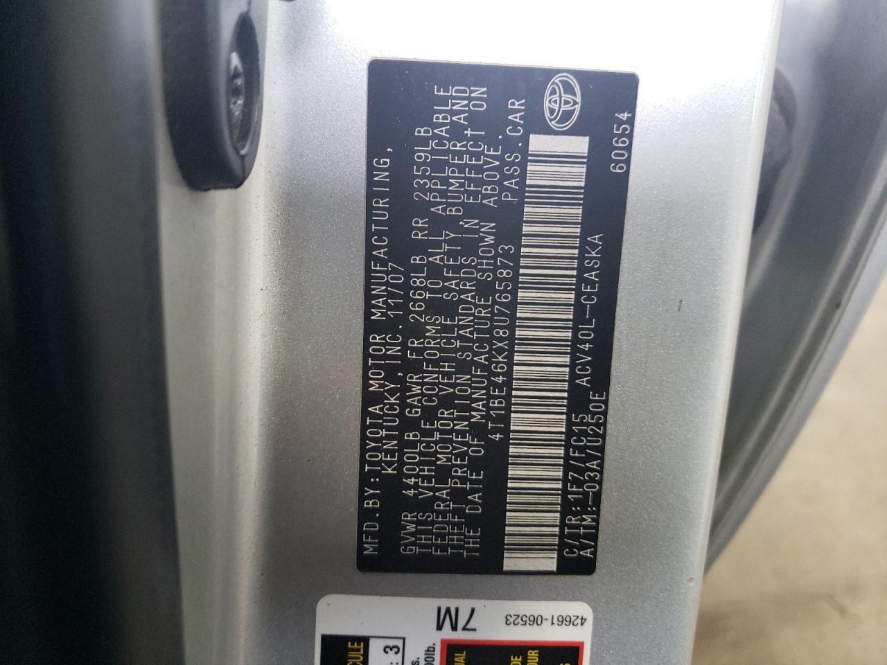 Photo 10 from auction – 2008 TOYOTA CAMRY CE with VIN 4T1BE46KX8U765873
