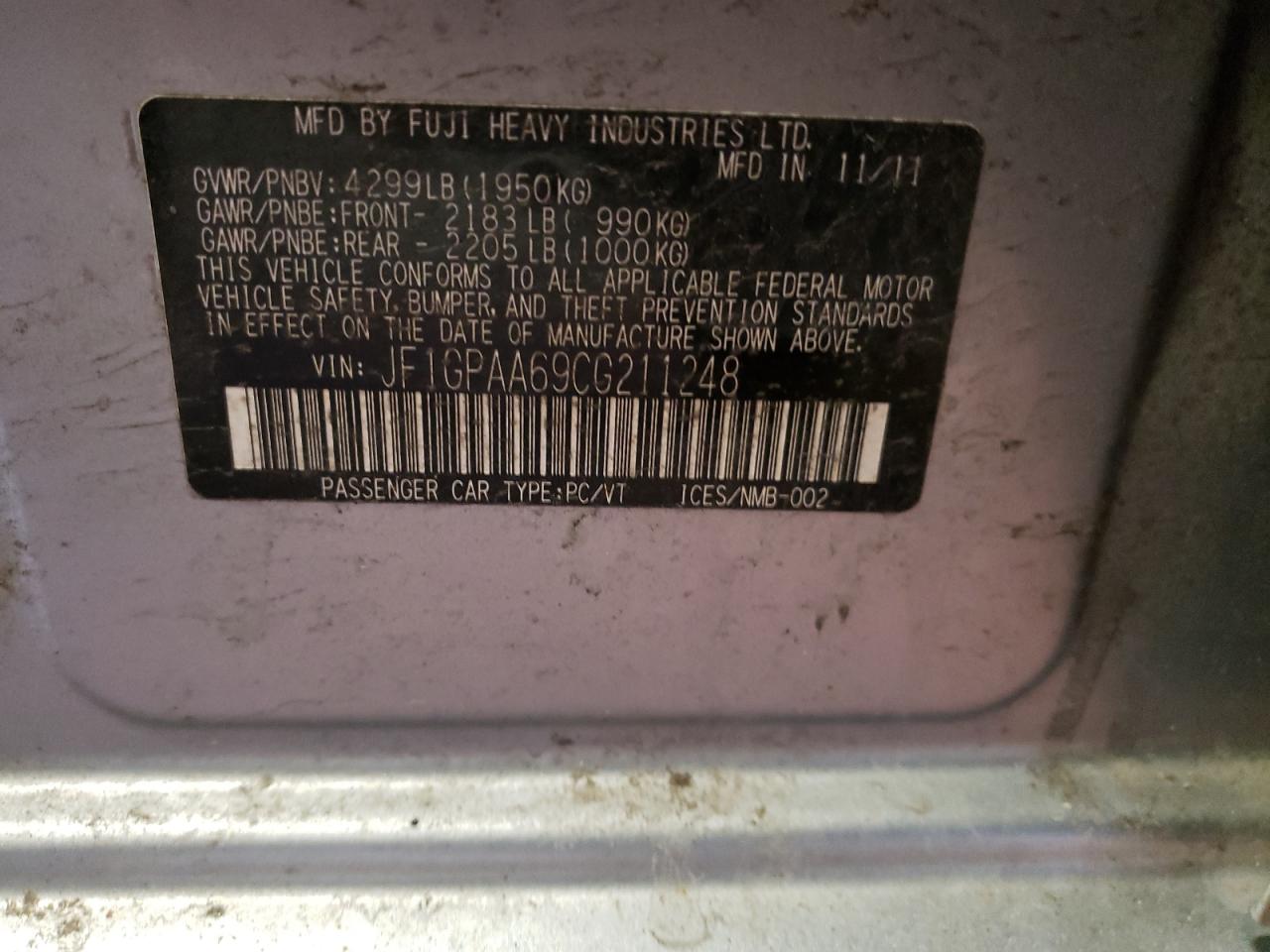 Photo 10 from auction – 2012 SUBARU IMPREZA with VIN JF1GPAA69CG211248
