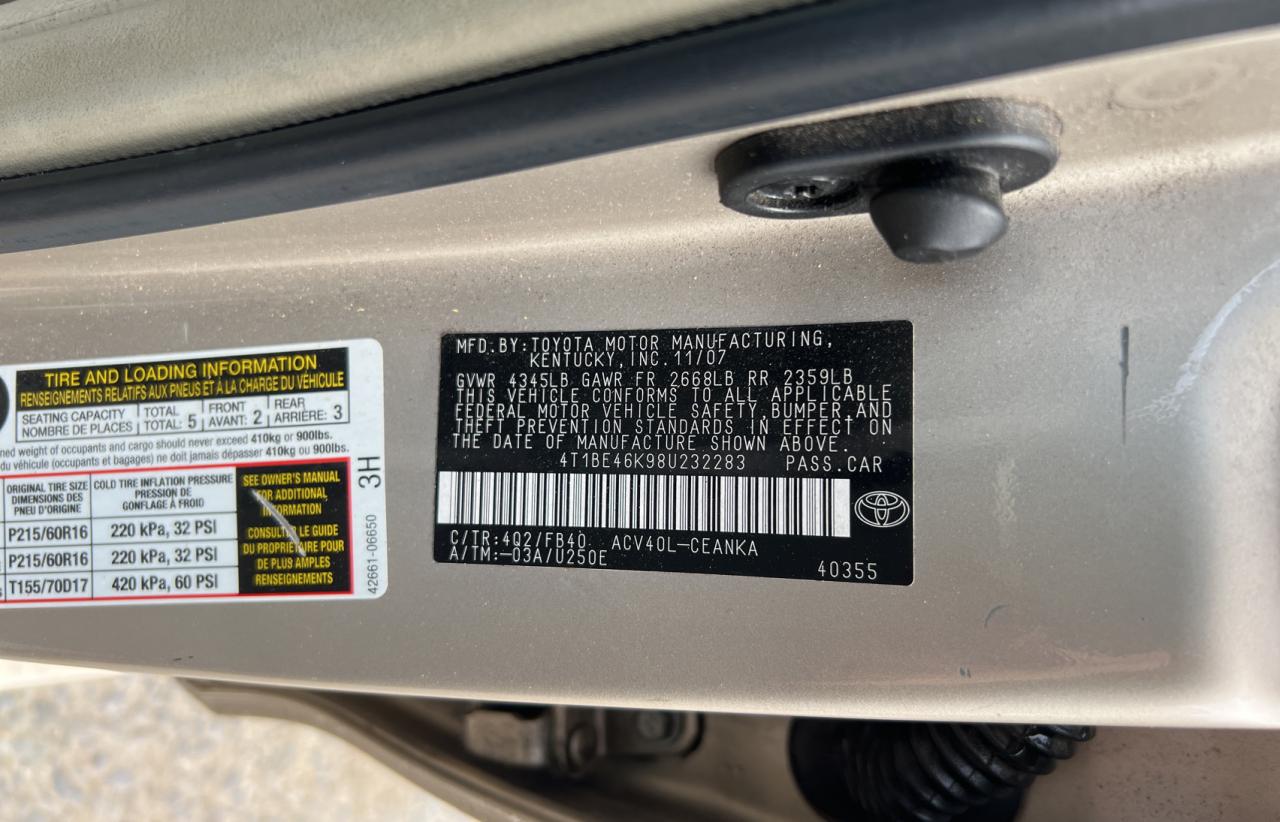 Photo 10 from auction – 2008 TOYOTA CAMRY CE with VIN 4T1BE46K98U232283