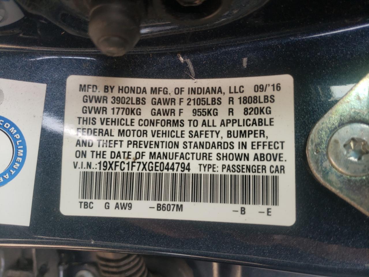 Photo 10 from auction – 2016 HONDA CIVIC EXL with VIN 19XFC1F7XGE044794