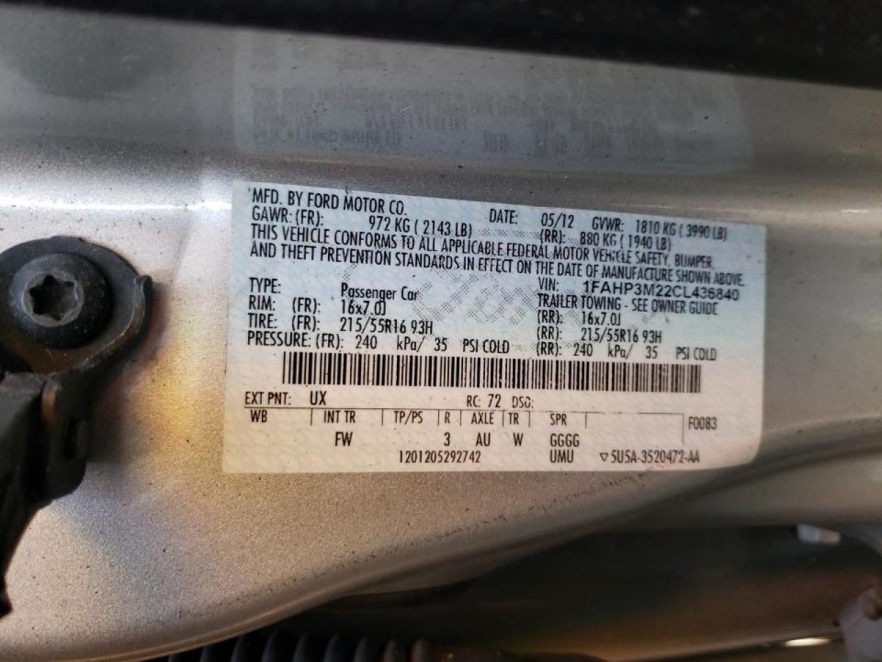 Photo 10 from auction – 2012 FORD FOCUS SEL with VIN 1FAHP3M22CL436840