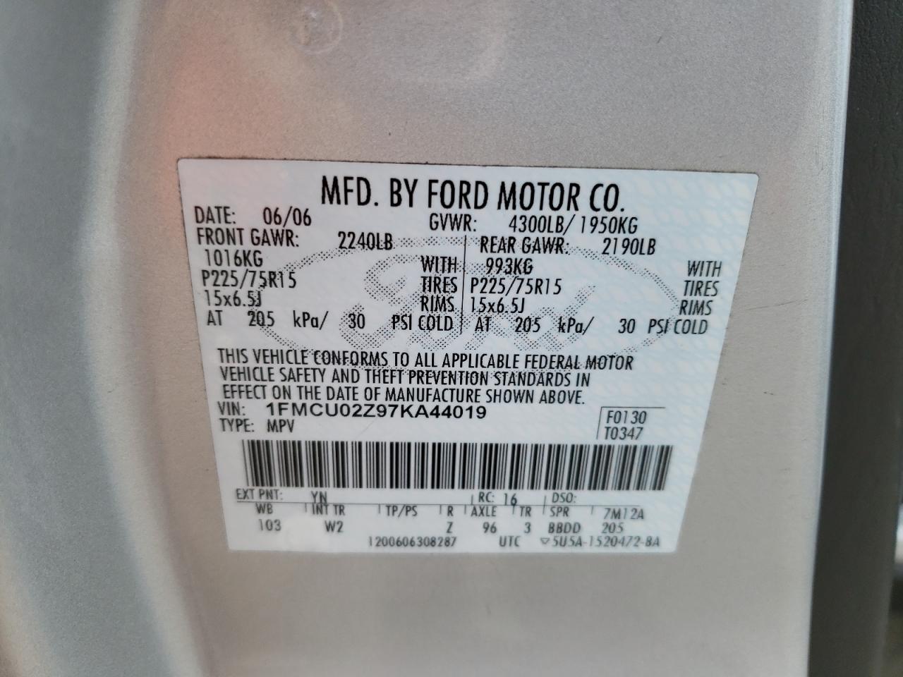 Photo 10 from auction – 2007 FORD ESCAPE XLS with VIN 1FMCU02Z97KA44019