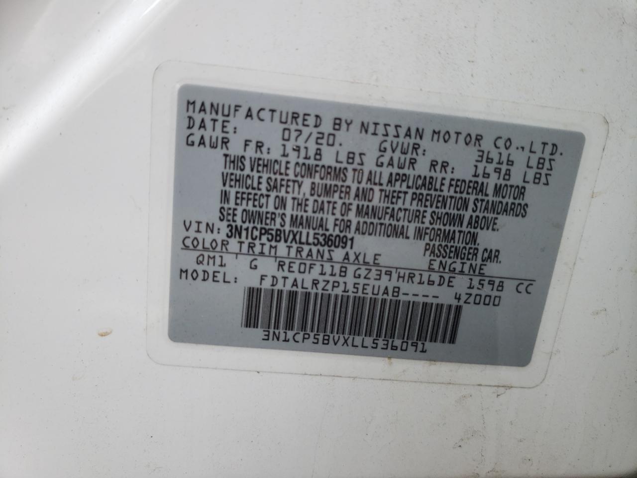 Photo 10 from auction – 2020 NISSAN KICKS S with VIN 3N1CP5BVXLL536091