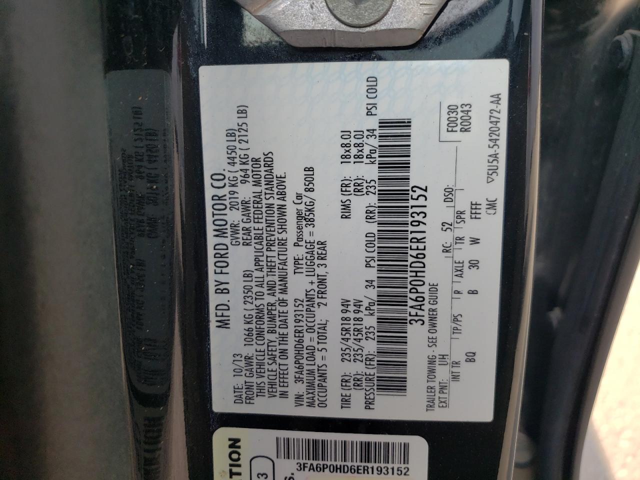 Photo 10 from auction – 2014 FORD FUSION SE with VIN 3FA6P0HD6ER193152