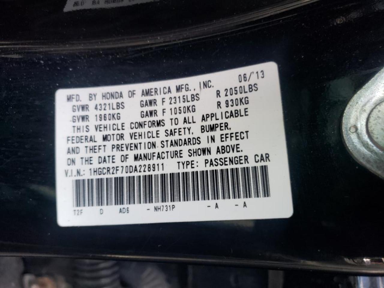 Photo 10 from auction – 2013 HONDA ACCORD EX with VIN 1HGCR2F70DA228911