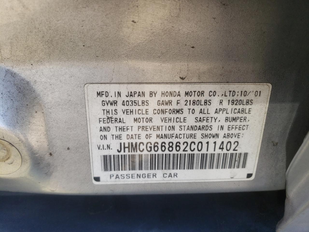 Photo 10 from auction – 2002 HONDA ACCORD EX with VIN JHMCG66862C011402