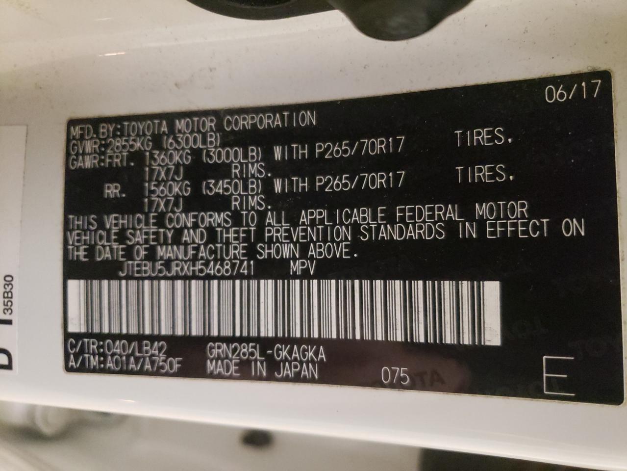 Photo 10 from auction – 2017 TOYOTA 4RUNNER SR with VIN JTEBU5JRXH5468741