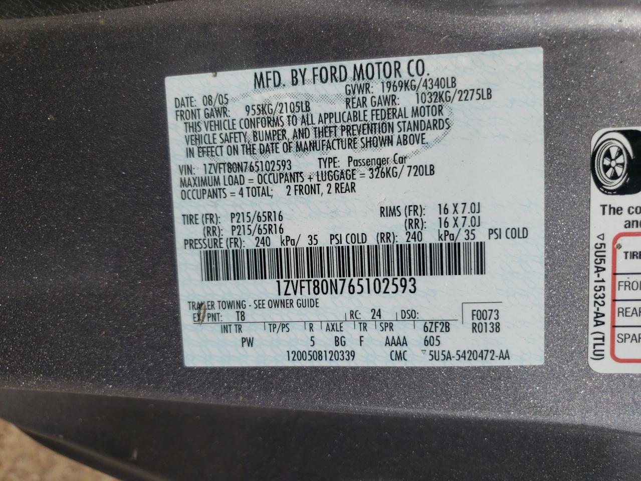 Photo 10 from auction – 2006 FORD MUSTANG with VIN 1ZVFT80N765102593
