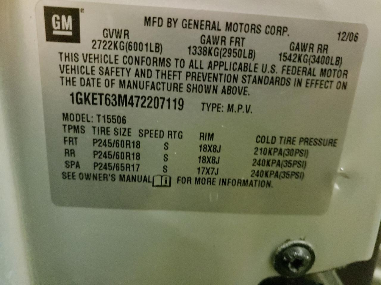 Photo 10 from auction – 2007 GMC ENVOY DENA with VIN 1GKET63M472207119