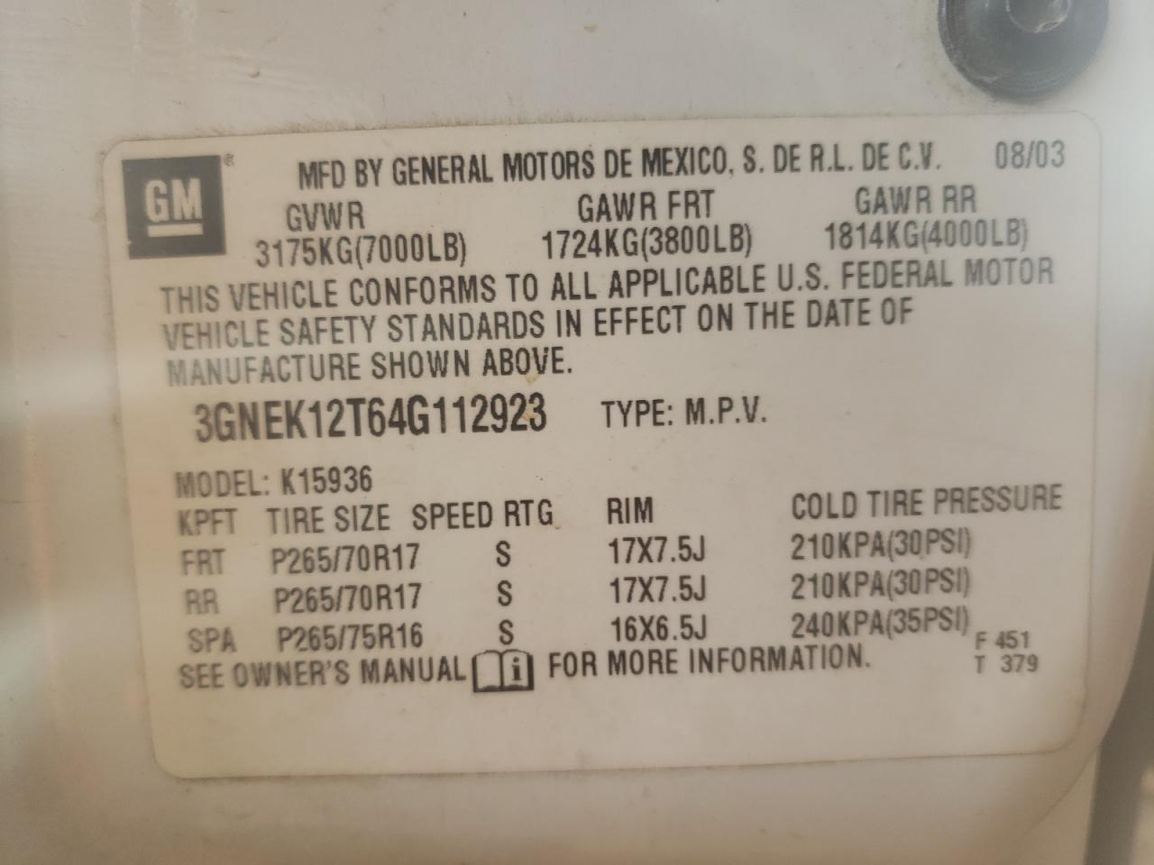 Photo 10 from auction – 2004 CHEVROLET AVALANCHE with VIN 3GNEK12T64G112923