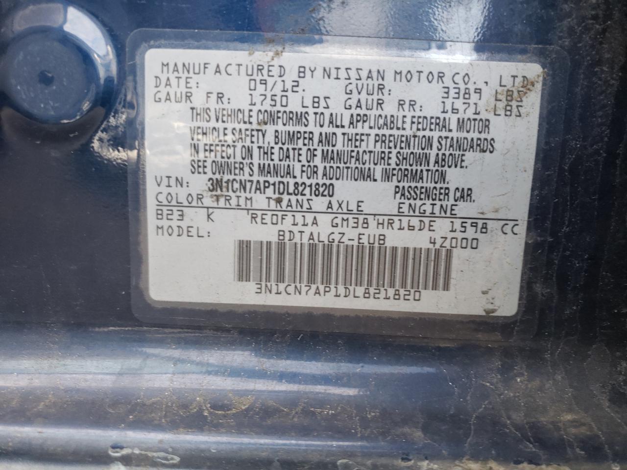 Photo 10 from auction – 2013 NISSAN VERSA S with VIN 3N1CN7AP1DL821820