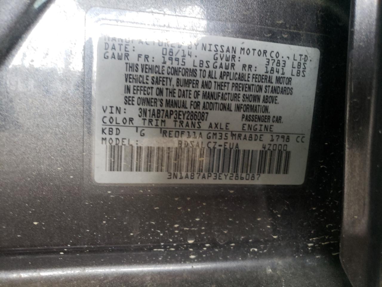 Photo 10 from auction – 2014 NISSAN SENTRA S with VIN 3N1AB7AP3EY286087