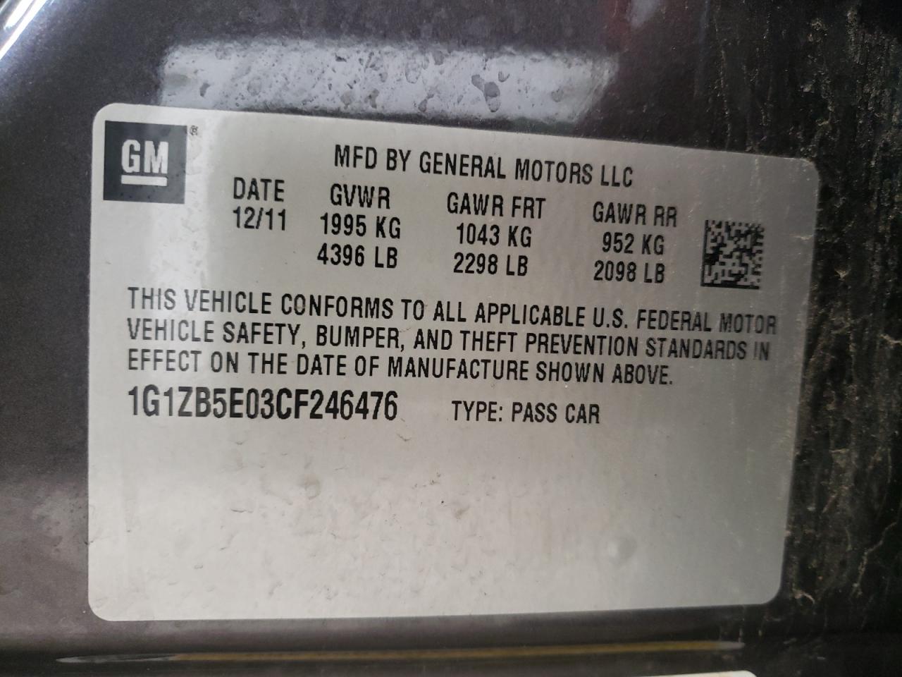 Photo 10 from auction – 2012 CHEVROLET MALIBU LS with VIN 1G1ZB5E03CF246476