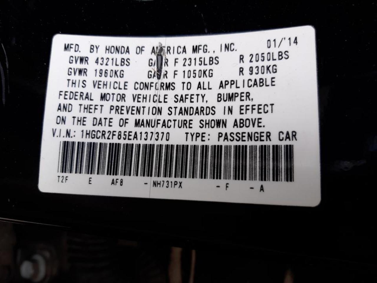 Photo 10 from auction – 2014 HONDA ACCORD EXL with VIN 1HGCR2F85EA137370