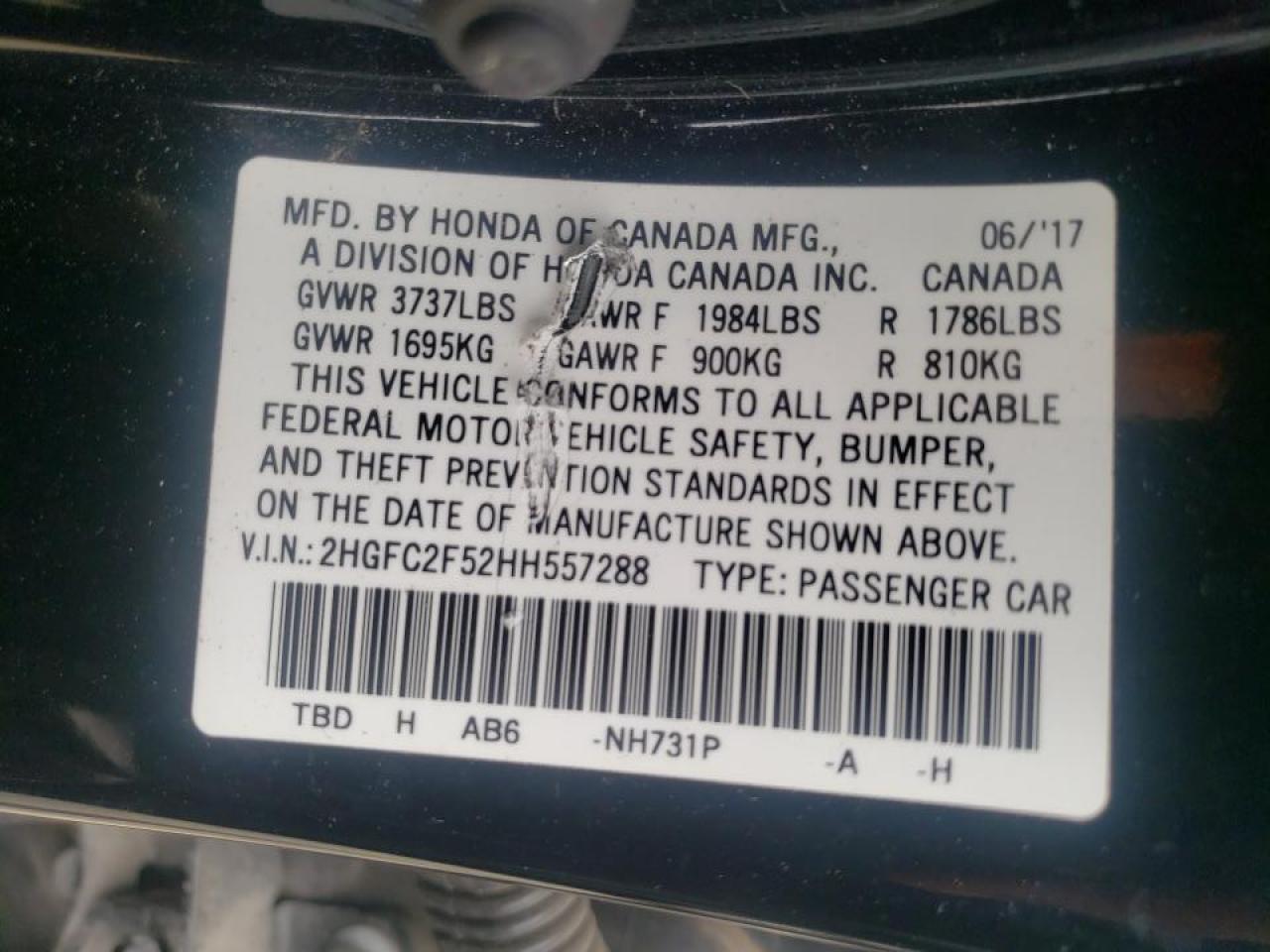 Photo 10 from auction – 2017 HONDA CIVIC LX with VIN 2HGFC2F52HH557288